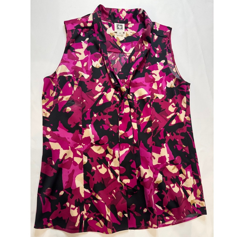 Anne Klein Blouse Women XS Pink Black Excellent Tie Neck Abstract Sleeveless